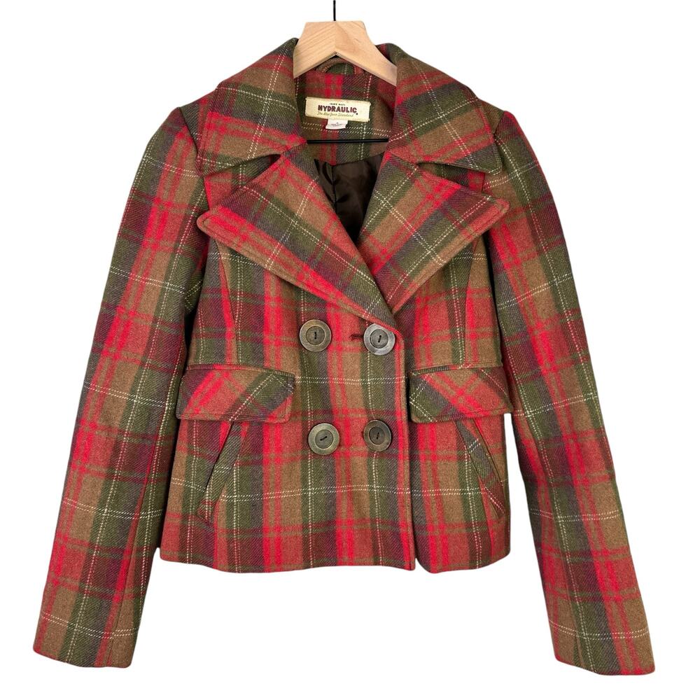 Hydraulic Jacket Womens Small Pea Coat Wool Blend Plaid Vintage Double breast‎